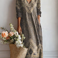 Women's Vintage Abstract Geometric Art Print Linen Pocket Dress