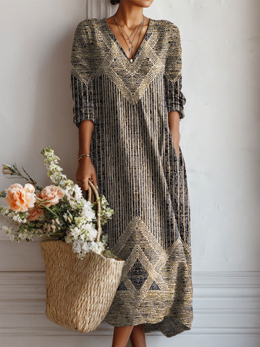 Women's Vintage Abstract Geometric Art Print Linen Pocket Dress