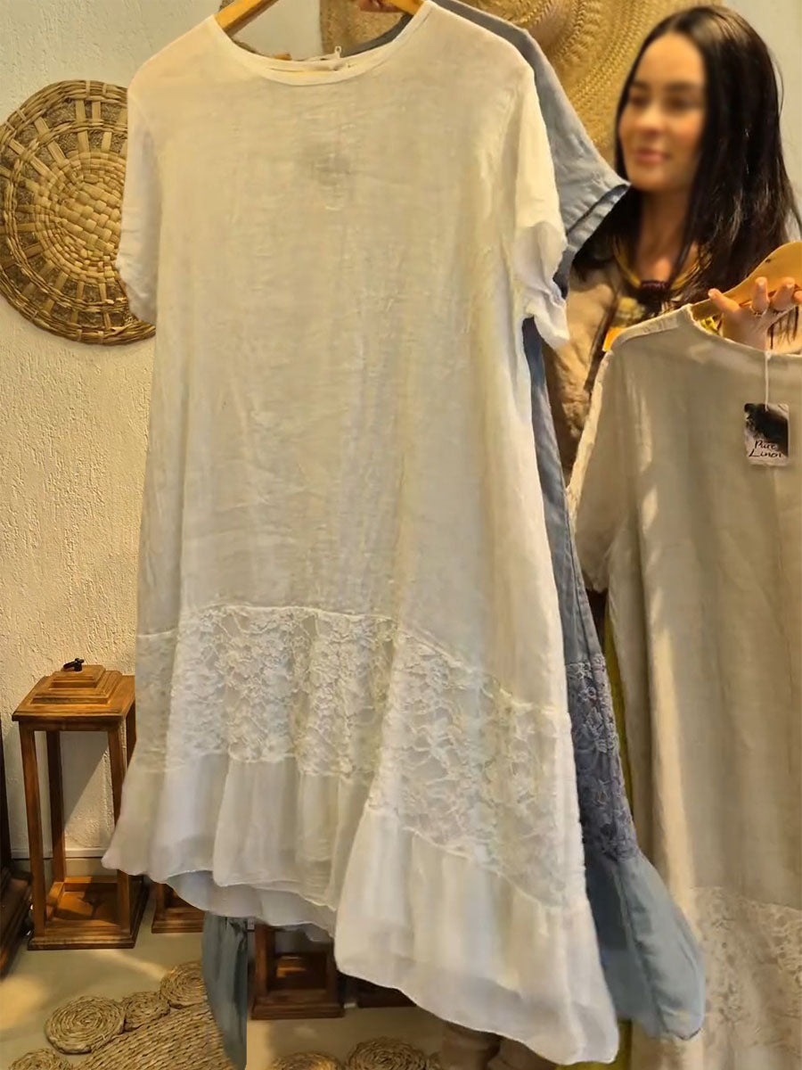 Women's Solid Color Round Neck Short Sleeve Lace Panel Casual Cotton and Linen Dress