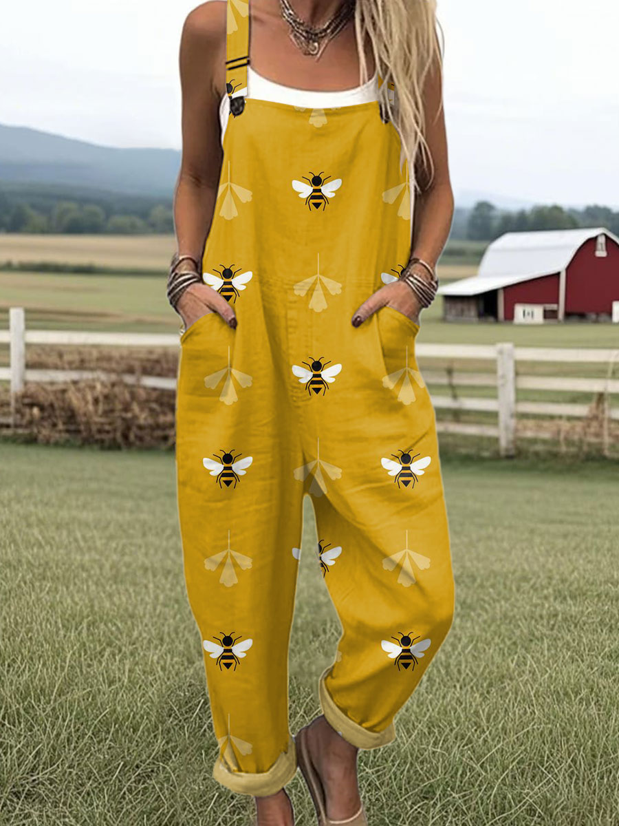 Women's  Bee Flower Art Print Casual 100% Cotton Wide Leg Jumpsuit