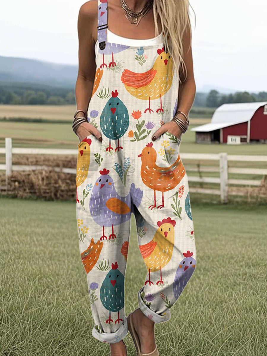 Women's Art Cartoon Fun Chick Print Casual 100% Cotton Wide Leg Jumpsuit