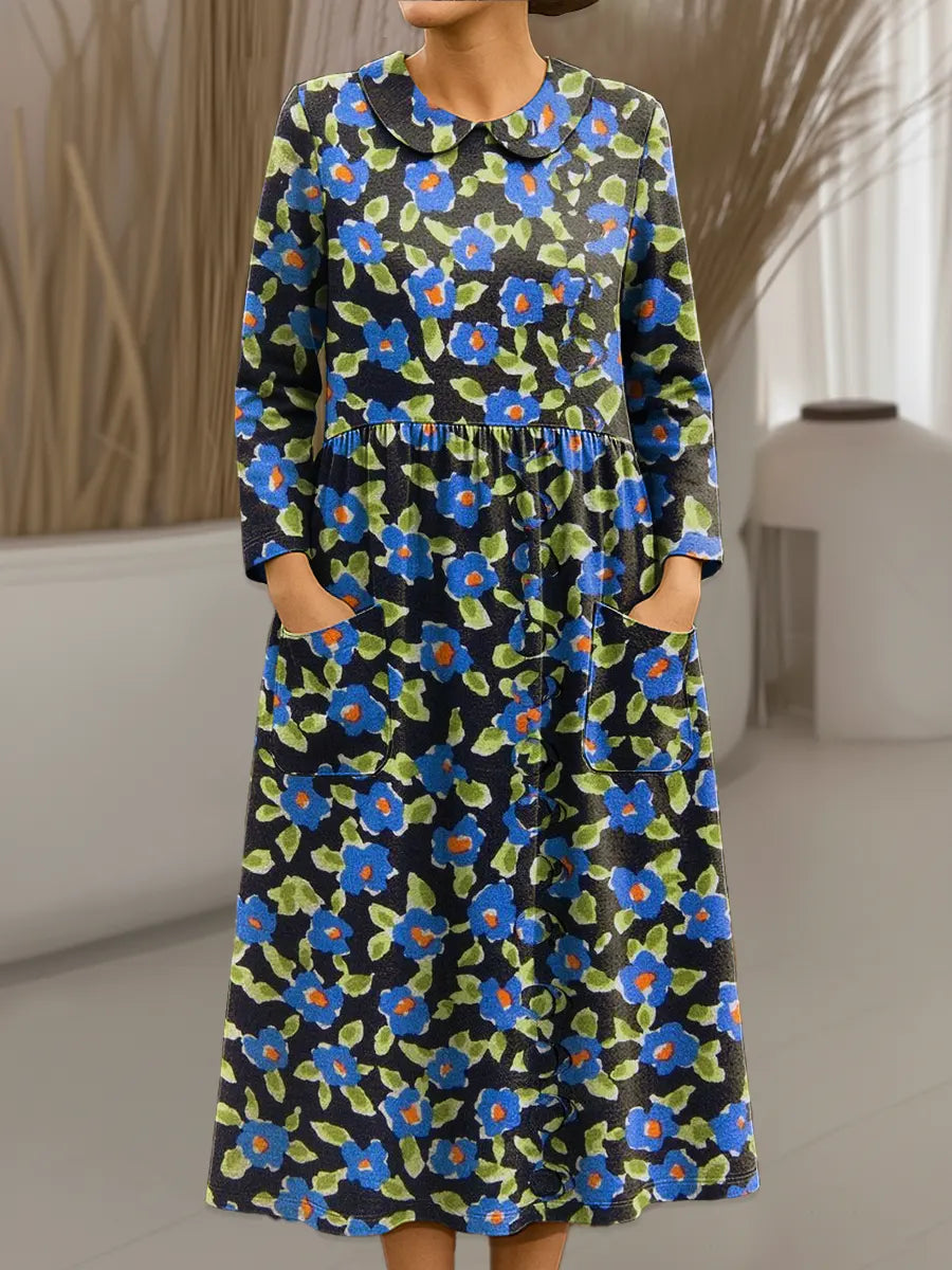 Women's Vintage Flower Art Print Cotton Lapel Button-Down Shirt Dress