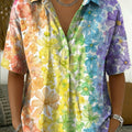 Artistic Rainbow Floral Print Short-sleeve Polo Shirt ¡ª Half-button Placket Design