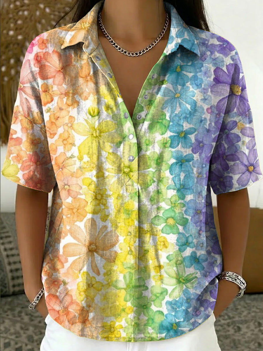 Artistic Rainbow Floral Print Short-sleeve Polo Shirt ¡ª Half-button Placket Design