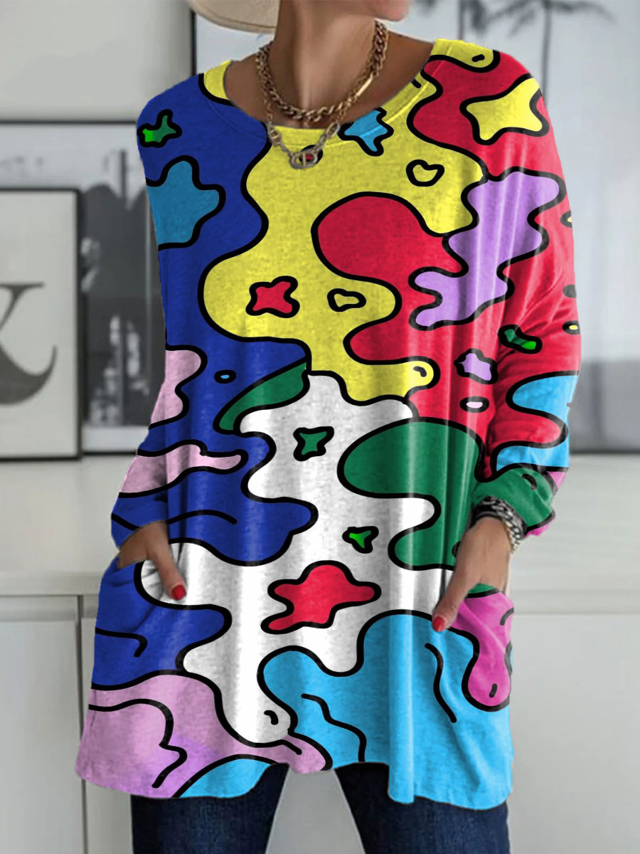 Women's Color Graffiti Style Print Casual V-neck Long Sleeve T-shirt