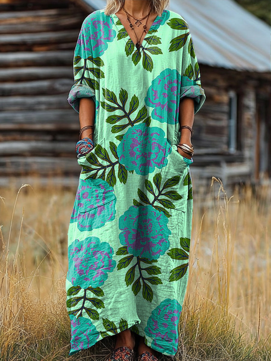 Women's Vintage Large Flower Painting Art Print Pocket V-neck Cotton Dress