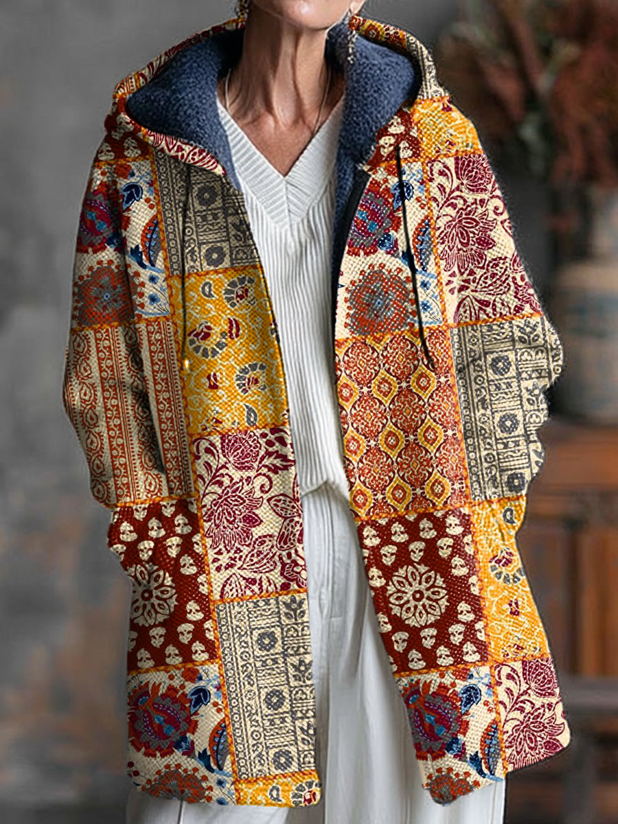 Vintage Ethnic Floral Geometric Check Painting Art Print Unisex Plush Thick Long-Sleeved Sweater Cardigan Coat