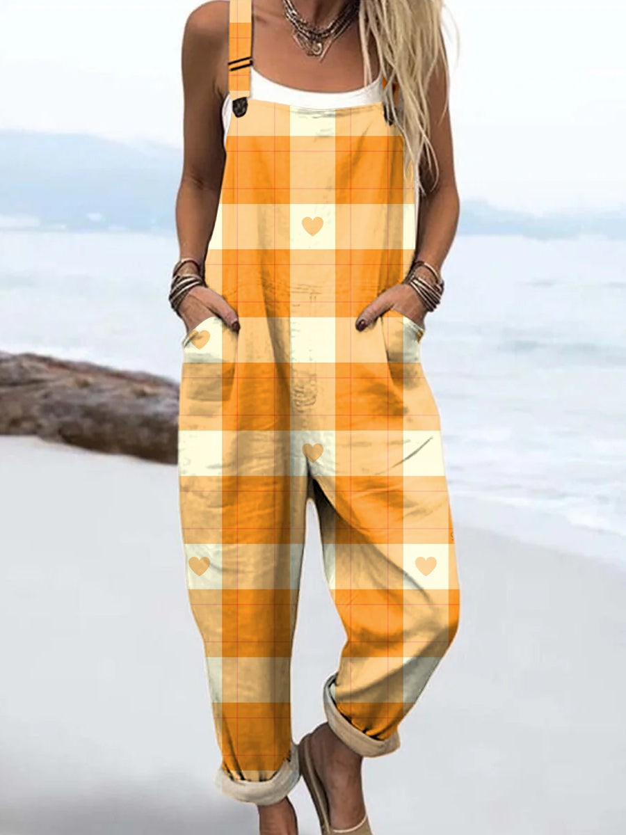 Women's Orange Plaid Heart Print Casual 100% Cotton Wide Leg Jumpsuit