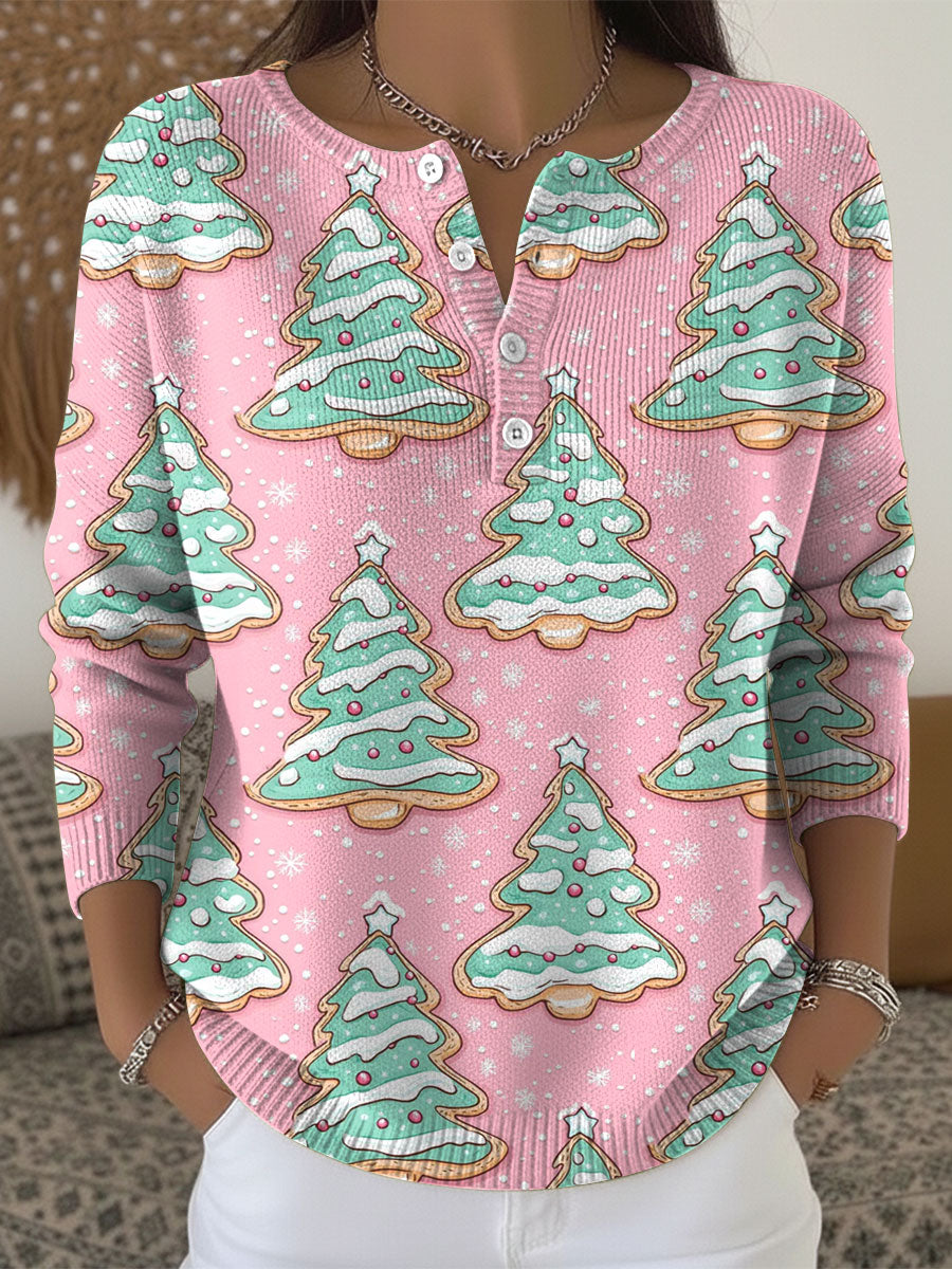 Women's Christmas Trees Pattern Art Print Buttoned Cardigan Sweater