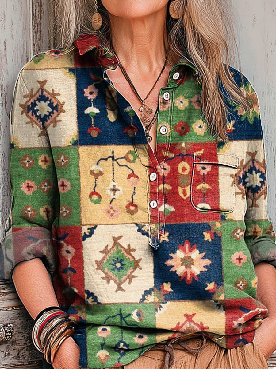 Women's Vintage Ethnic Multicolor Geometric Plaid Painting Art Print Casual Cotton And Linen Shirt