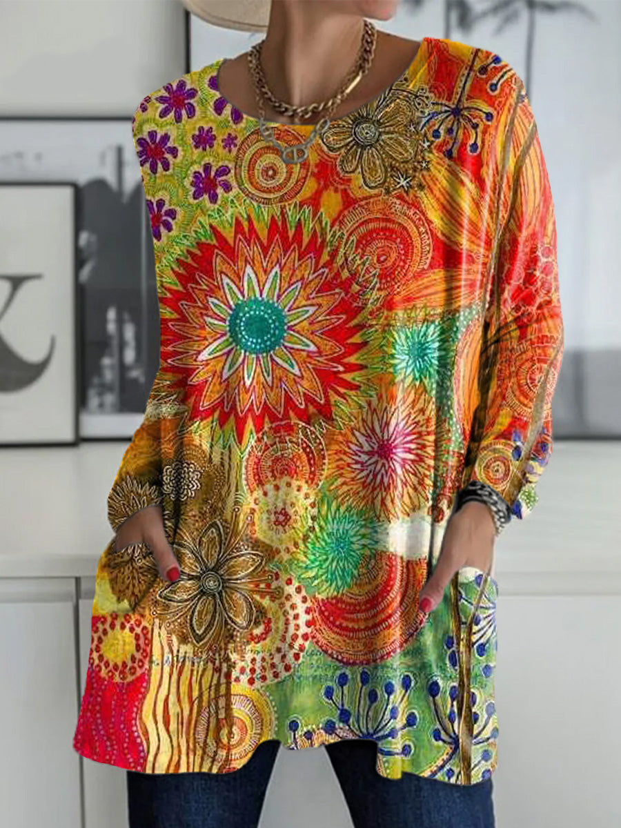 Women's Vintage Ethnic Floral Painting Art Print Casual Long Sleeve T-shirt