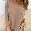 Women's Solid Color V-Neck 3/4 Sleeve Casual Loose Knit Top