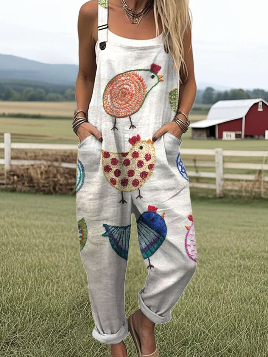 Women's  Funny Chicken  Art Print Casual 100% Cotton Wide Leg Jumpsuit