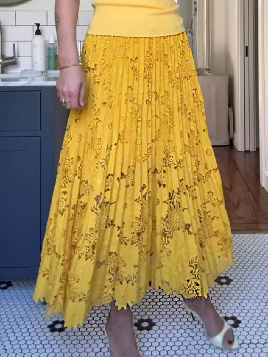 Women's Solid Color Elastic Waist Pleated Lace Embroidery A-Line Skirt