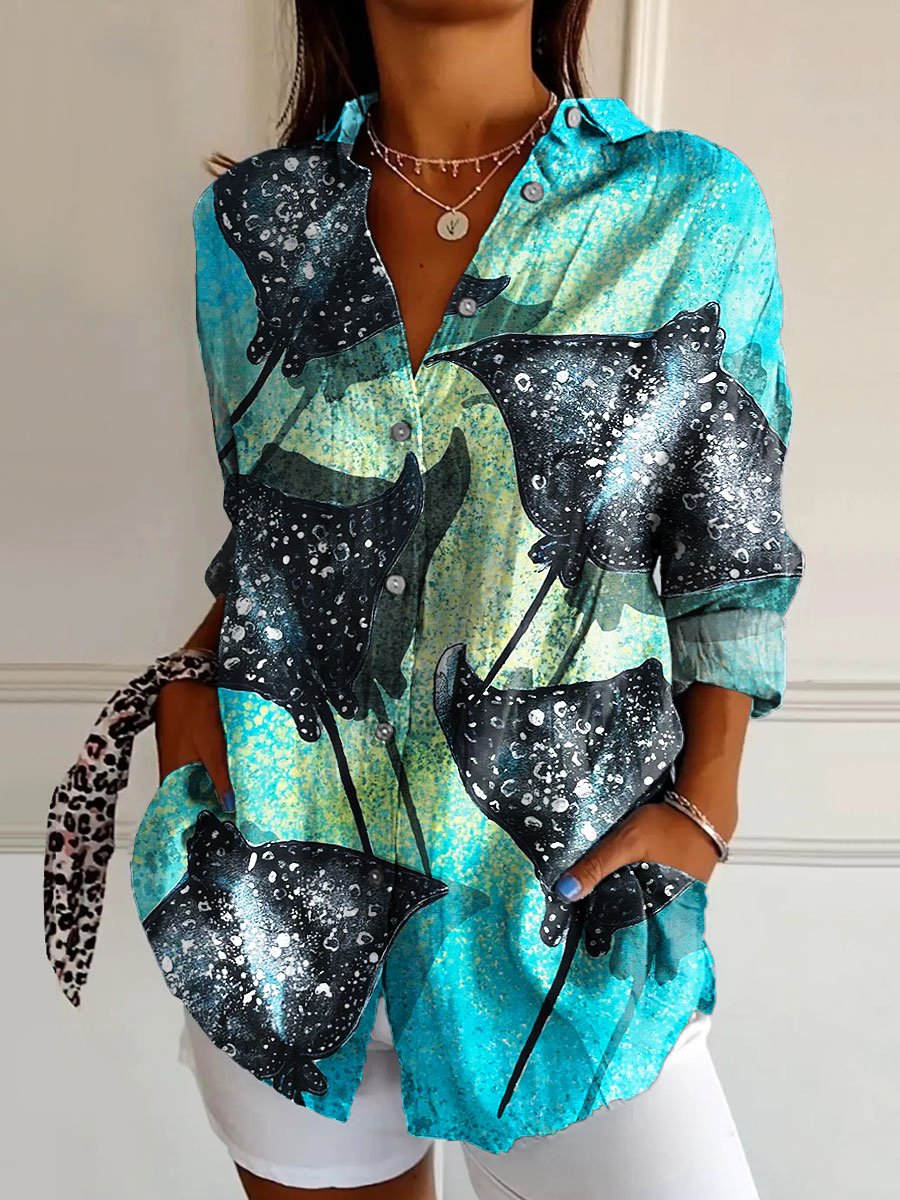 Women's Vintage Manta Rays Art Print Casual Cotton Shirt