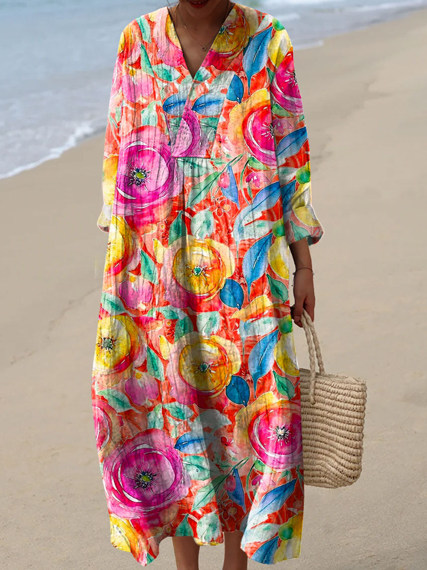 Women's Vintage Art Flowers  Print Casual Dress