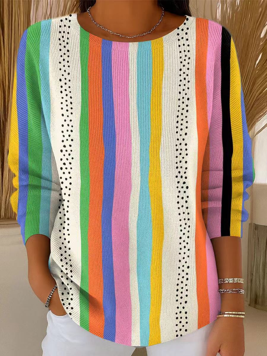 Women's Beautiful Colorful Striped Painting Art Print Casual Pullover Sweater