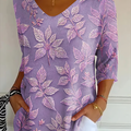 Casual Floral V Neck Three Quarter Sleeve T-shirt