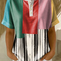 Retro Color-block Patchwork Print Loose-fit Cotton-linen Short-sleeve Shirt