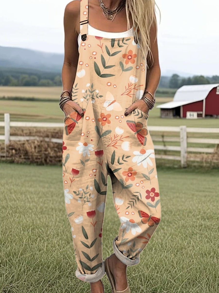 Women's Artistic Creative Butterfly Flowers Print Casual 100% Cotton Wide Leg Jumpsuit