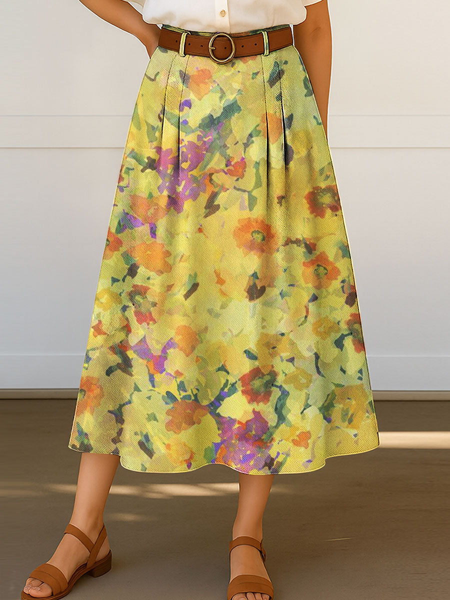 Women's Retro Flowers Floral Gradient Color Pattern Print Casual Cotton Skirt