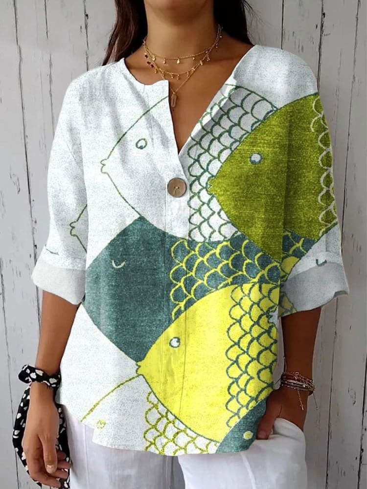 Women's  Fish Art Print Casual Cotton Linen Shirt