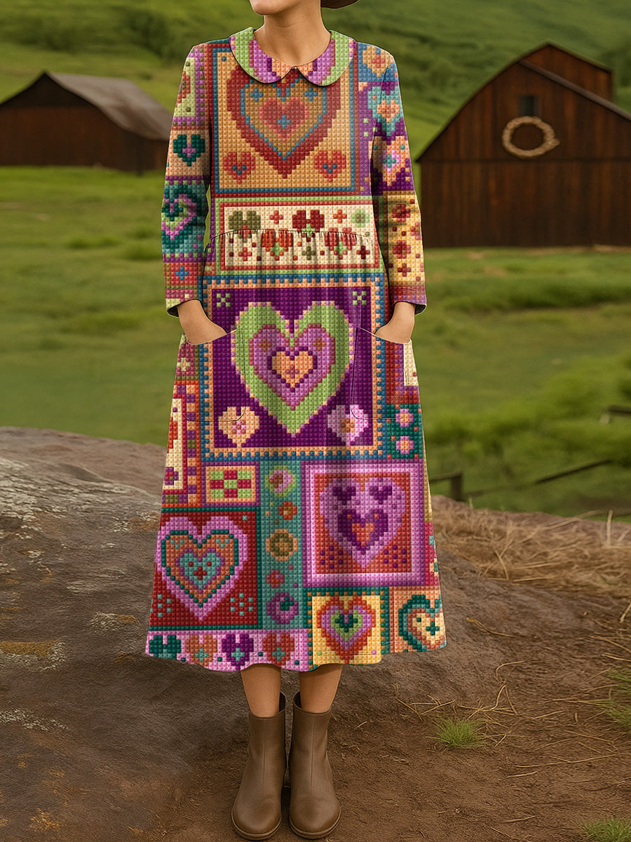 Women's Beautiful Vintage Love Geometric Painting Art Print Cotton Lapel Shirt Dress