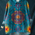 Women's Vintage Pattern Art Print Casual Cotton And Linen Ruffle Shirt