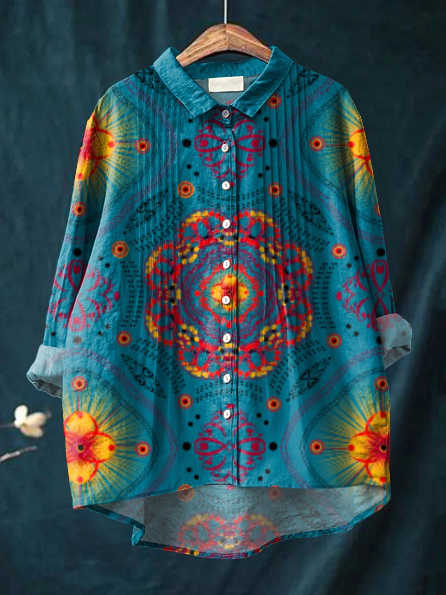 Women's Vintage Pattern Art Print Casual Cotton And Linen Ruffle Shirt