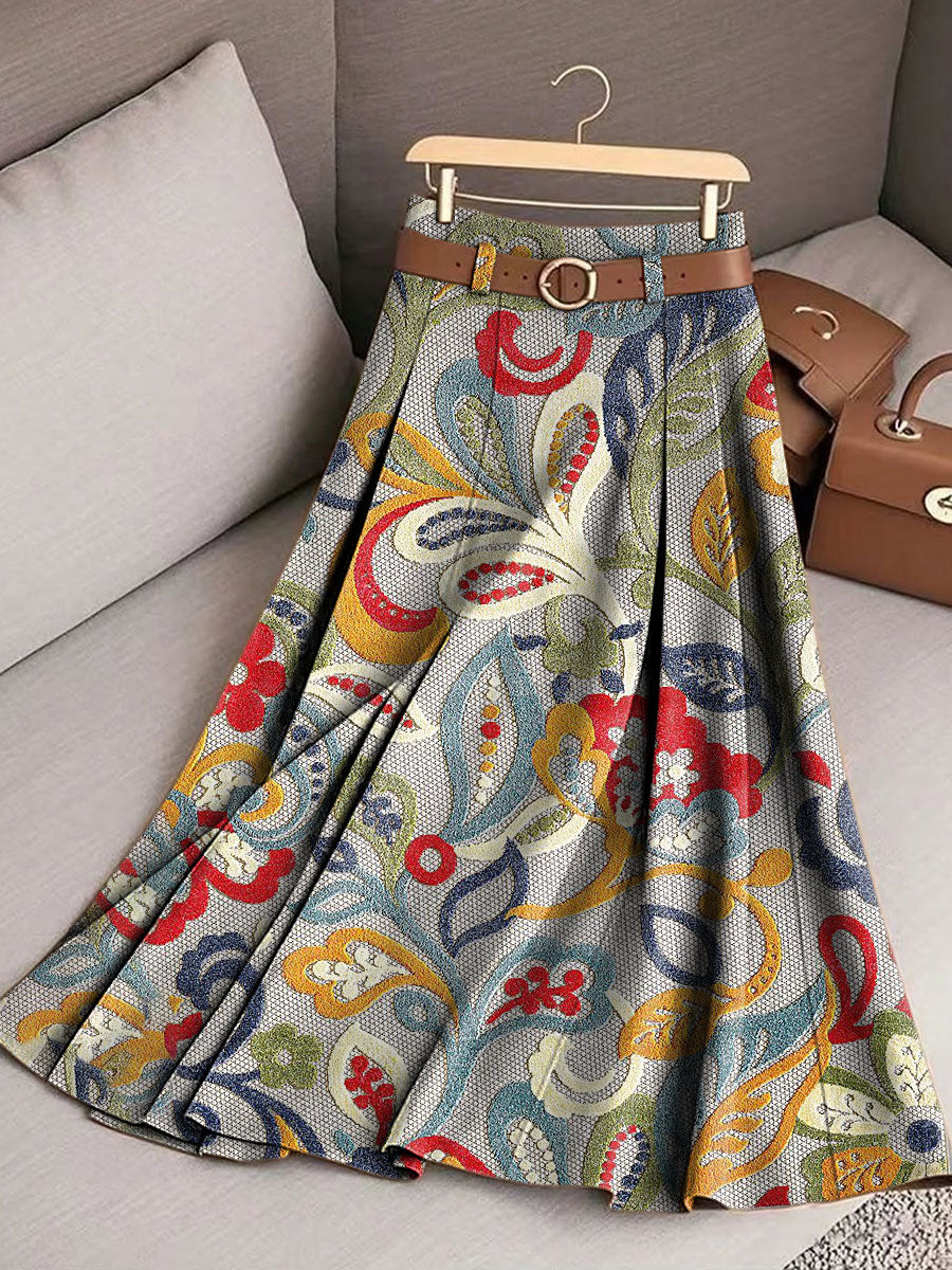 Women's Vintage Flower Art Print Casual Cotton Skirt