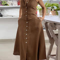 Women's Lapel Sleeveless Solid Color Casual Cotton Top High Waist Solid Color A-Line Skirt Set