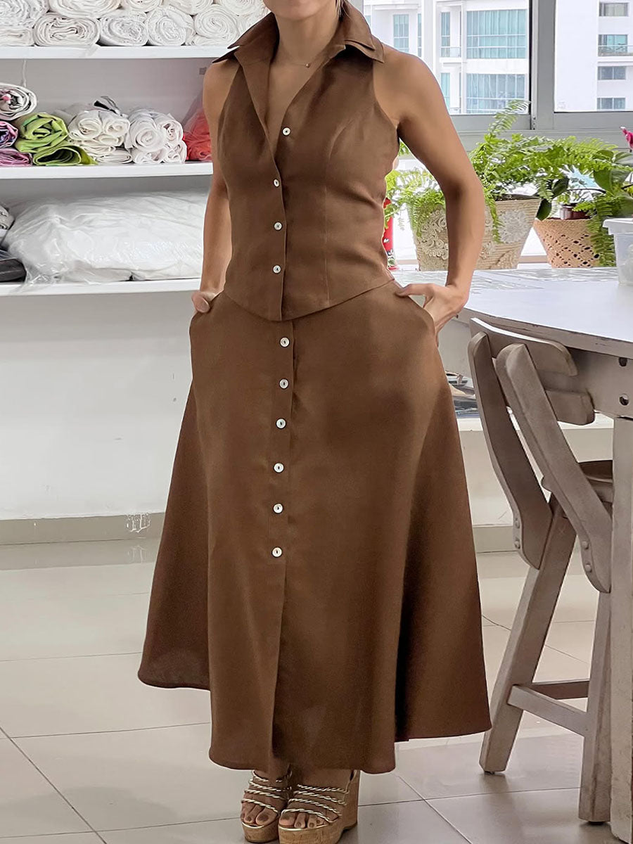 Women's Lapel Sleeveless Solid Color Casual Cotton Top High Waist Solid Color A-Line Skirt Set