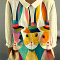 Women's Easter Bunny Colorful Art Print Casual Cotton And Linen 3/4 Sleeve Shirt
