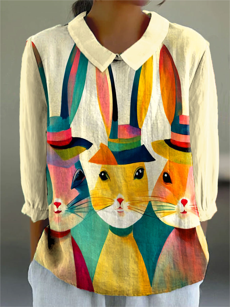 Women's Easter Bunny Colorful Art Print Casual Cotton And Linen 3/4 Sleeve Shirt