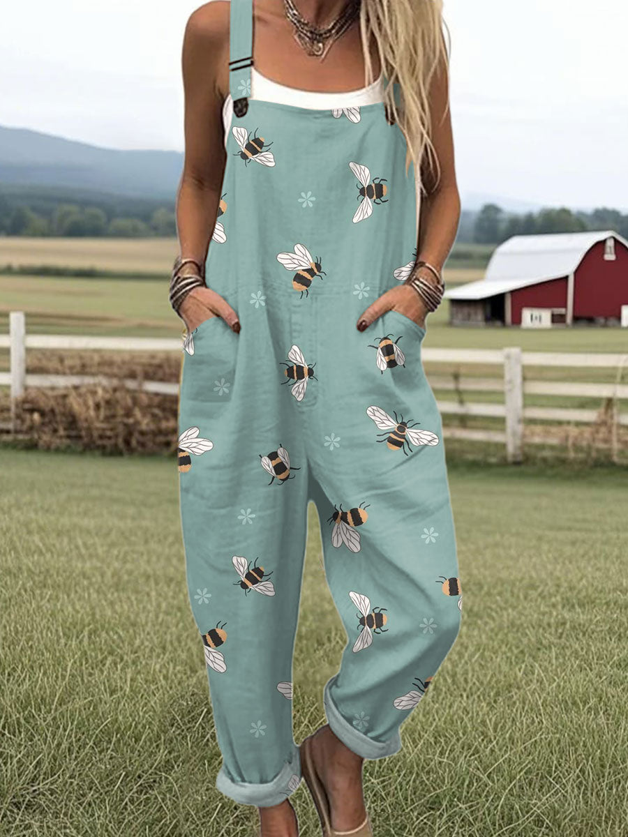 Women's  Funny Farm Bee Art Print Casual 100% Cotton Wide Leg Jumpsuit