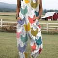 Women's Funny Chicken Art Print Casual 100% Cotton Wide Leg Jumpsuit