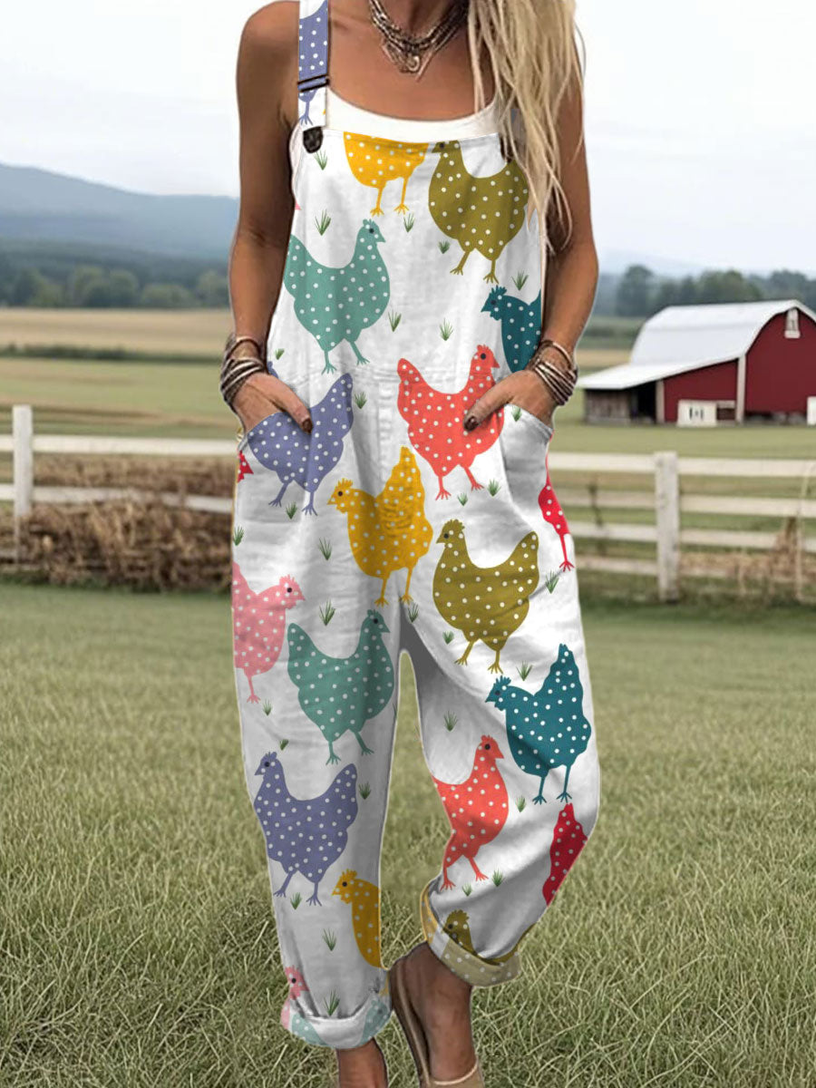 Women's Funny Chicken Art Print Casual 100% Cotton Wide Leg Jumpsuit