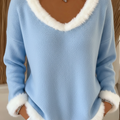 Cute Christmas V-neck Fur Collar Knitted Sweater Top