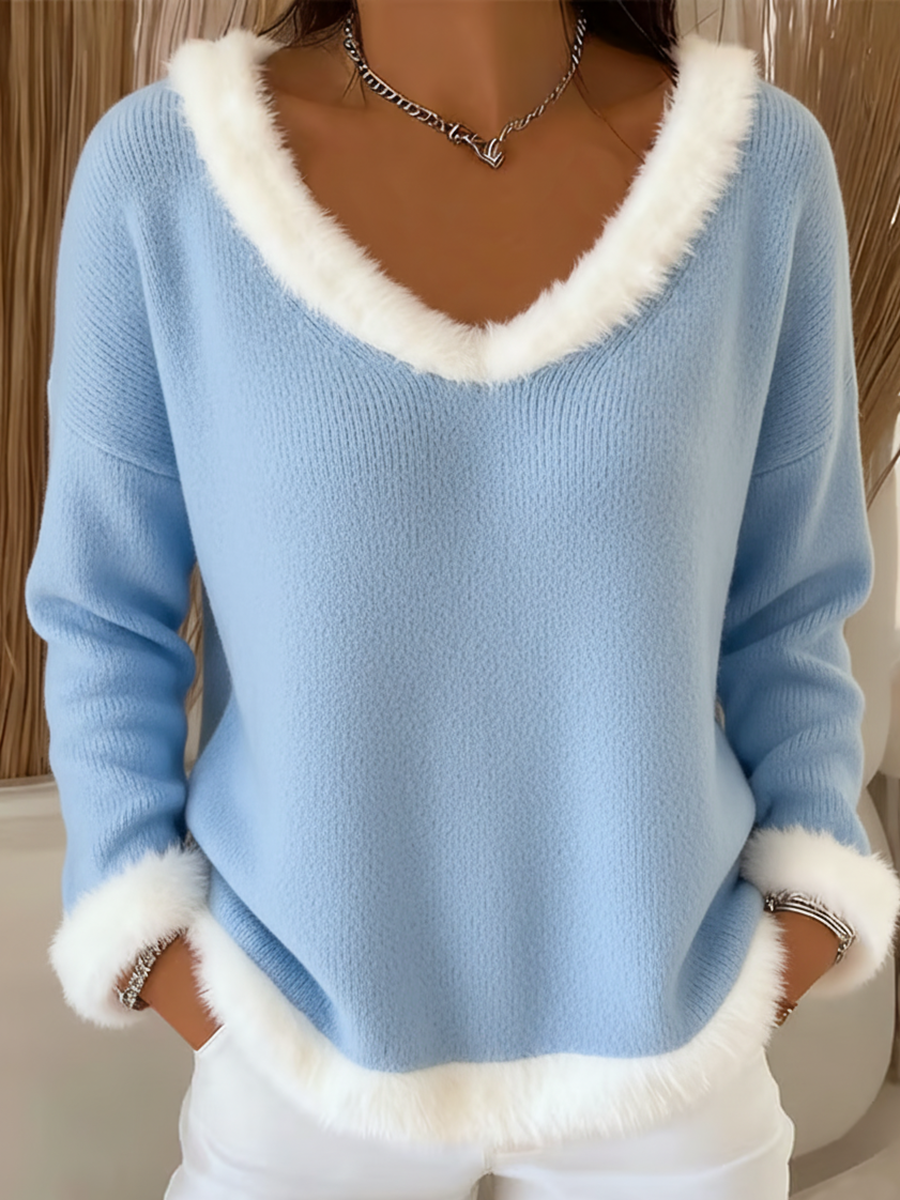 Cute Christmas V-neck Fur Collar Knitted Sweater Top