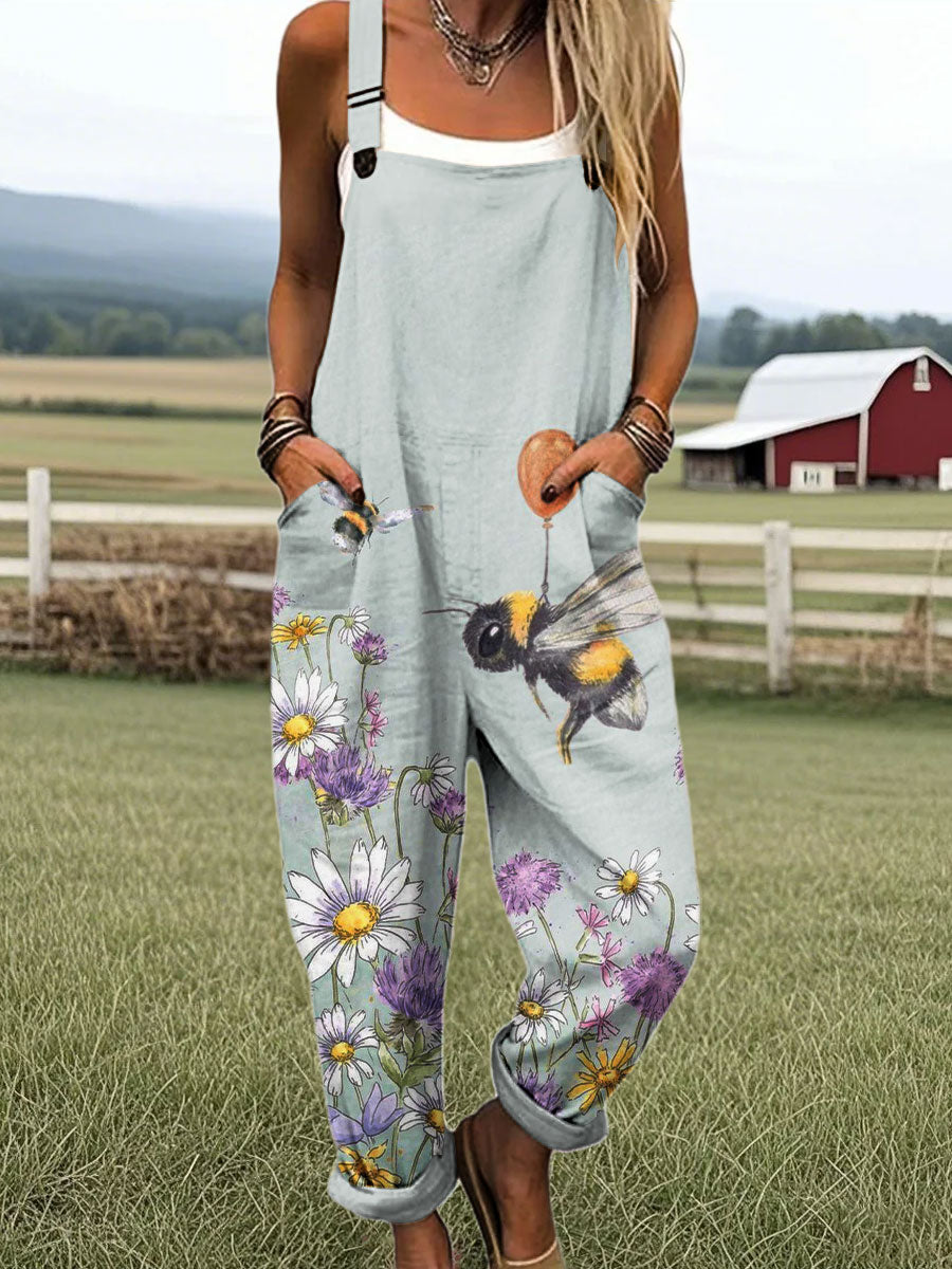 Women's Colorful Bee Floral Art Pattern Print Casual 100% Cotton Jumpsuit