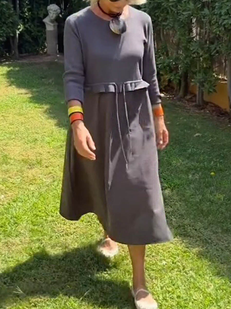 Women's Solid Color Round Neck 3/4 Sleeve Casual Loose Drawstring Knitted Splicing Dress