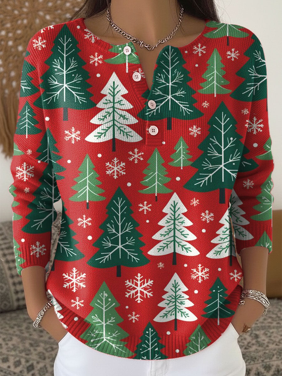 Women's Christmas Tree Art Print Buttoned Cardigan Sweater