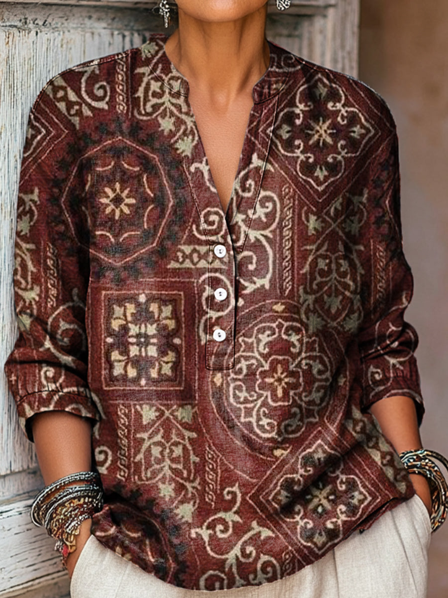 Women's Vintage Ethnic Geometric Painting Art Print Casual Cotton And Linen Shirt