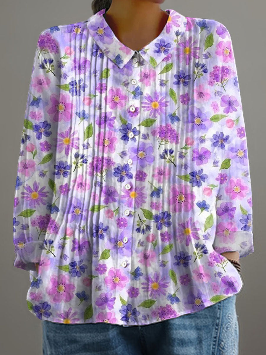 Women's Floral Art Print Casual Cotton And Linen Ruffle Shirt
