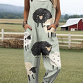 Women's Cute Little Sheep Illustration Art Print Casual 100% Cotton Wide Leg Jumpsuit