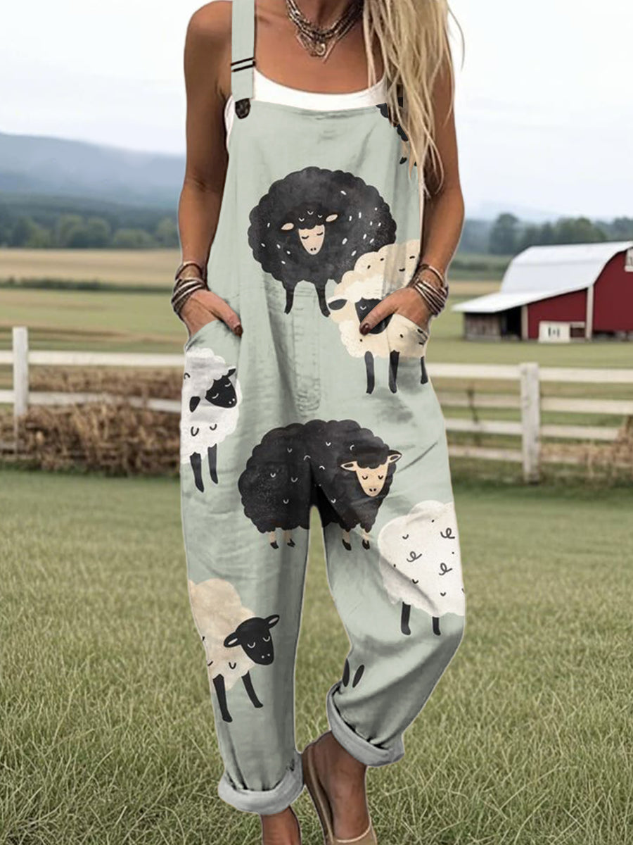 Women's Cute Little Sheep Illustration Art Print Casual 100% Cotton Wide Leg Jumpsuit