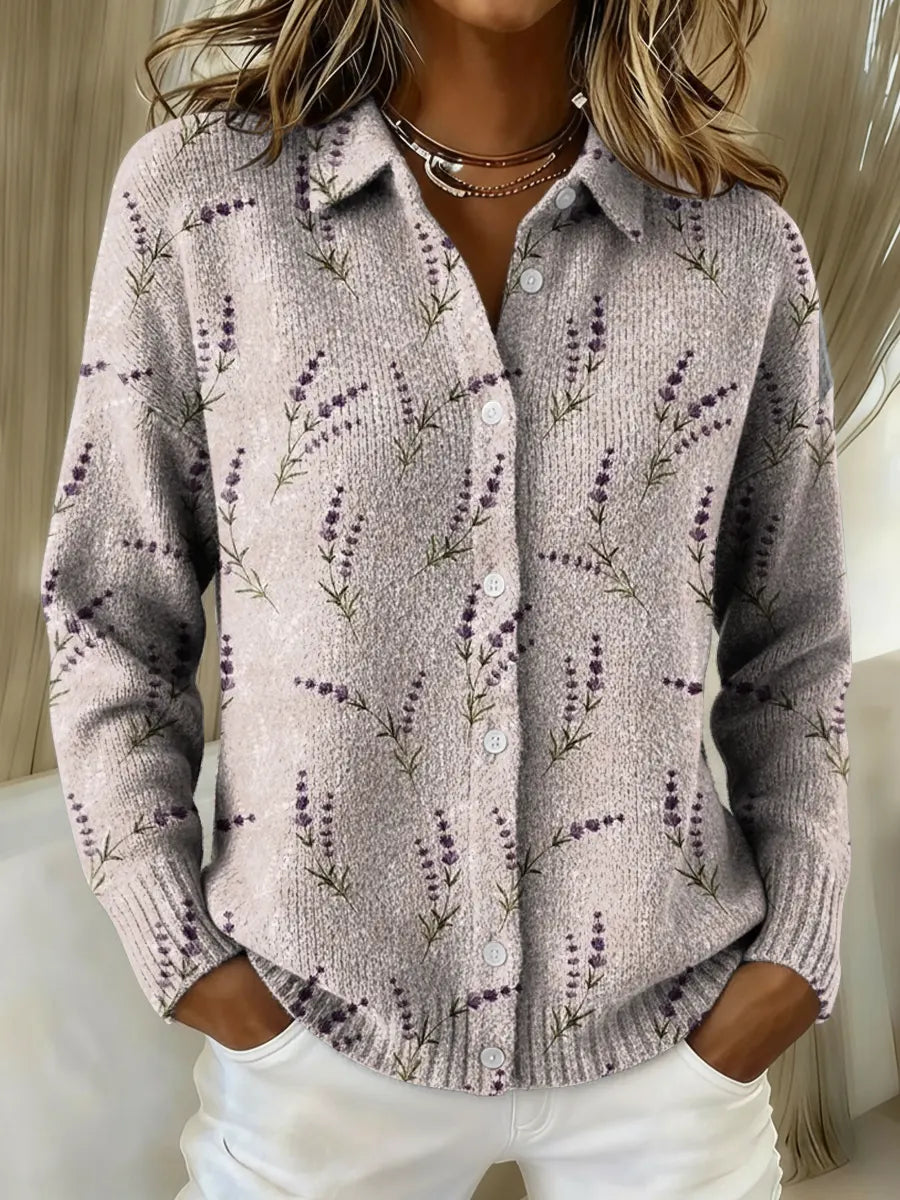 Women's Purple Little Flower Printed Collared Sweater