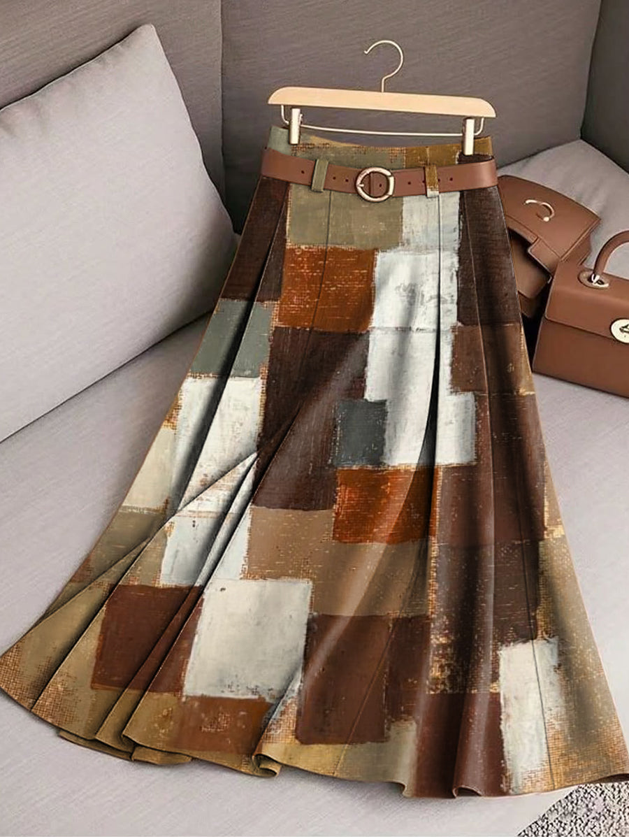 Women's Abstract Multicolor Square Geometric Painting Art Print Cotton Skirt