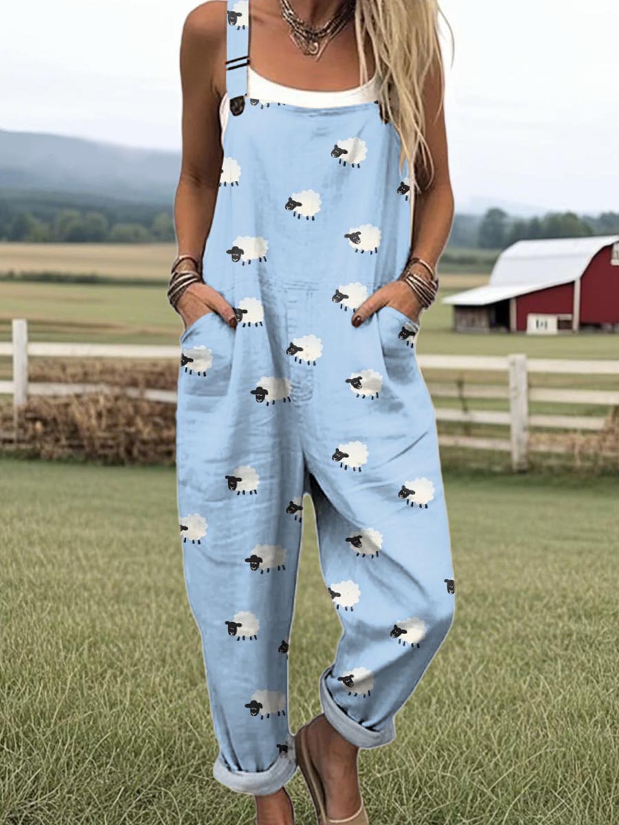Women's Art Cute Lamb Print Casual 100% Cotton Wide Leg Jumpsuit
