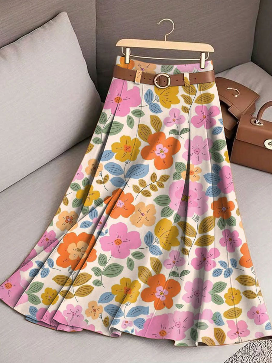 Women's Vintage Flower Art Print Casual Cotton Skirt